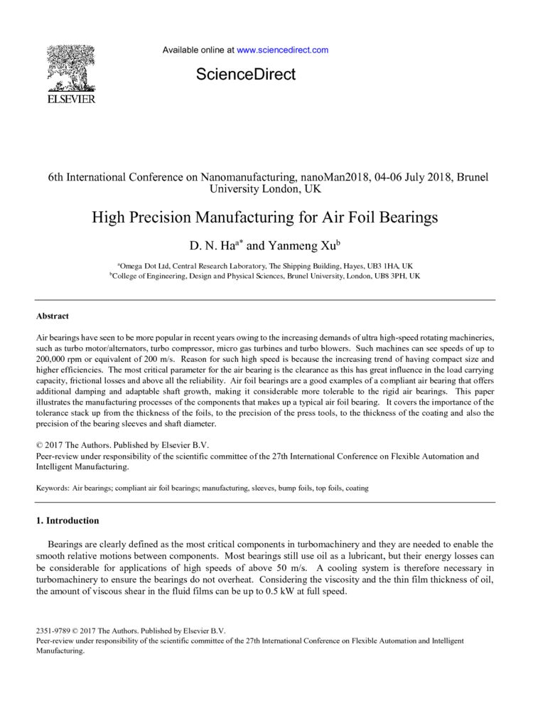 thumbnail of High Precision Manufacturing for Air Foil Bearing – Nanoman2018